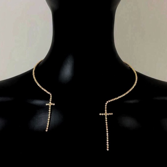 New Dual Cross Rhinestone Open Cuff Choker Collar Necklace - Picture 7 of 13